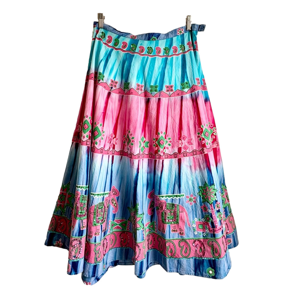 Colorful India-Inspired Elephant Print Sequined BATIK 100% Cotton Full Skirt L